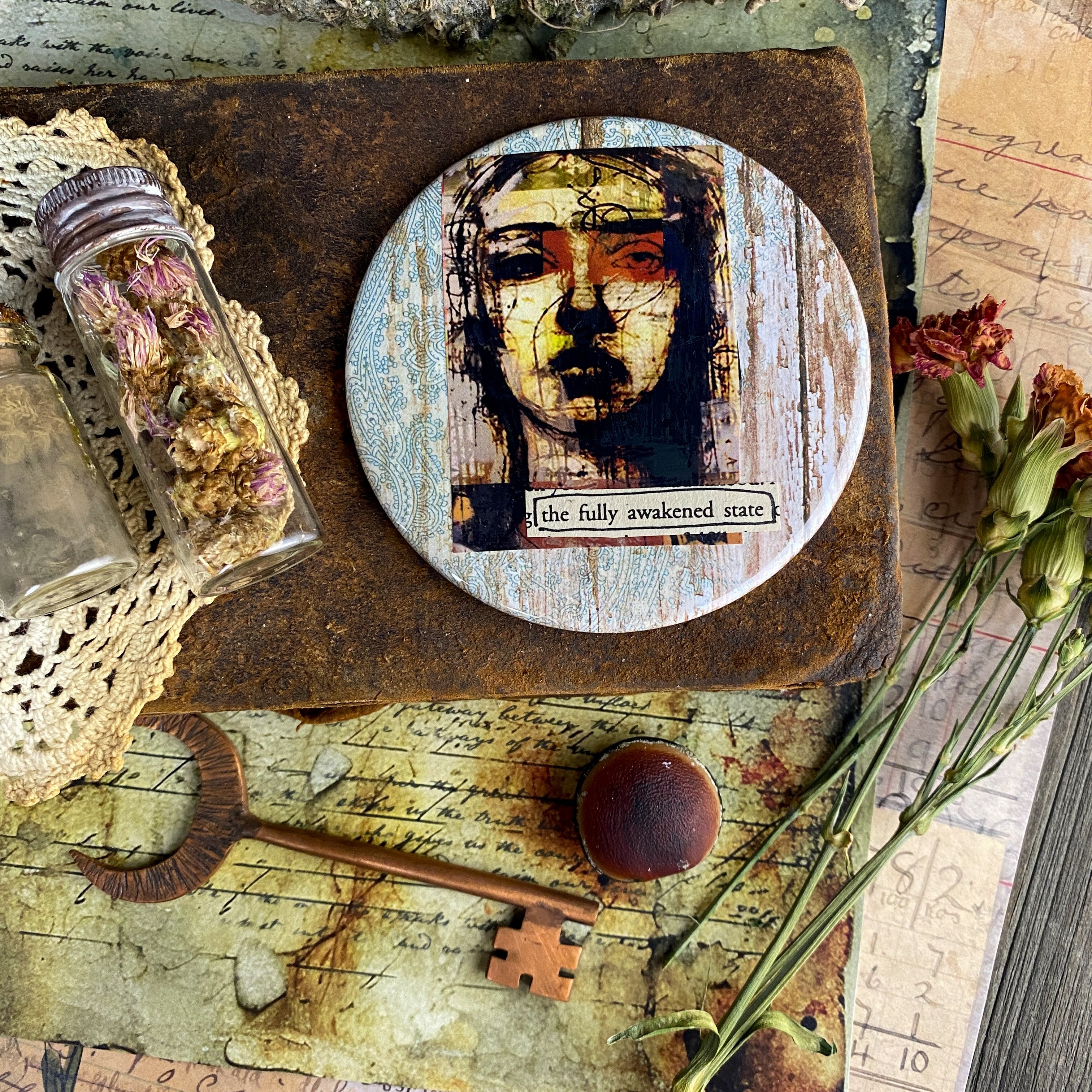 THE FULLY AWAKENED STATE - Hand Pressed Pocket Mirror with Original Collage Art