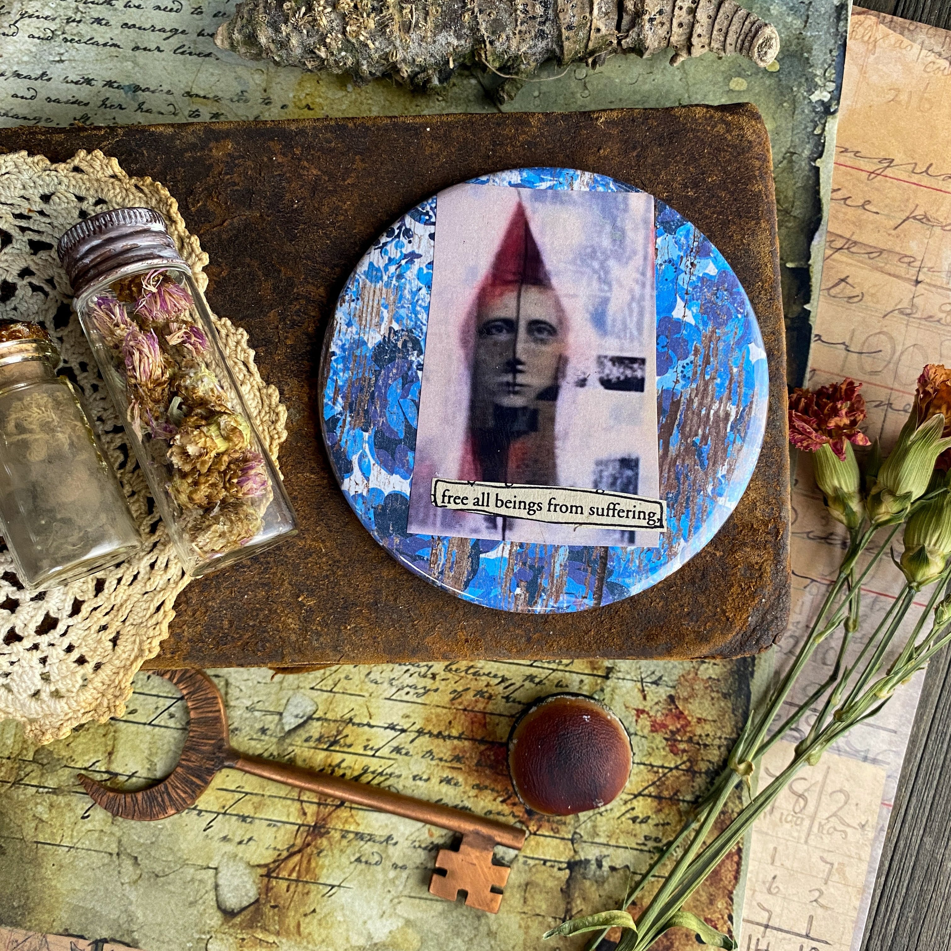 FREE ALL BEINGS FROM SUFFERING - Hand Pressed Pocket Mirror with Original Collage Art