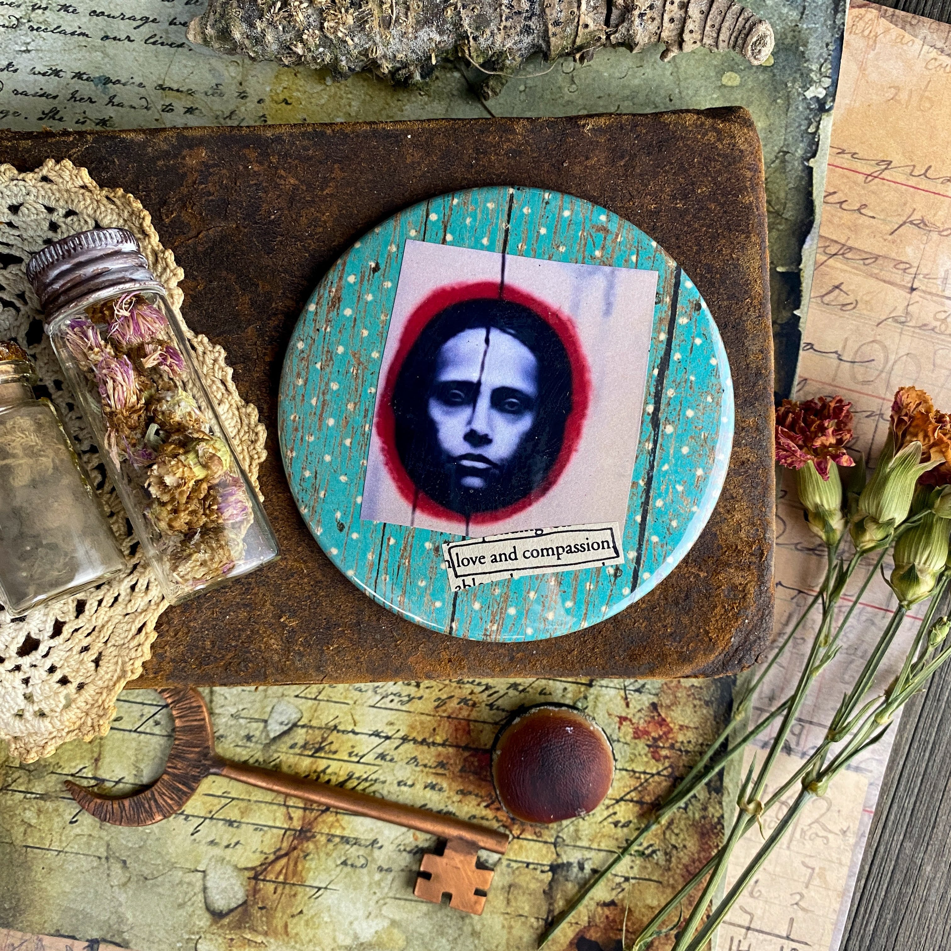 LOVE AND COMPASSION - Hand Pressed Pocket Mirror with Original Collage Art