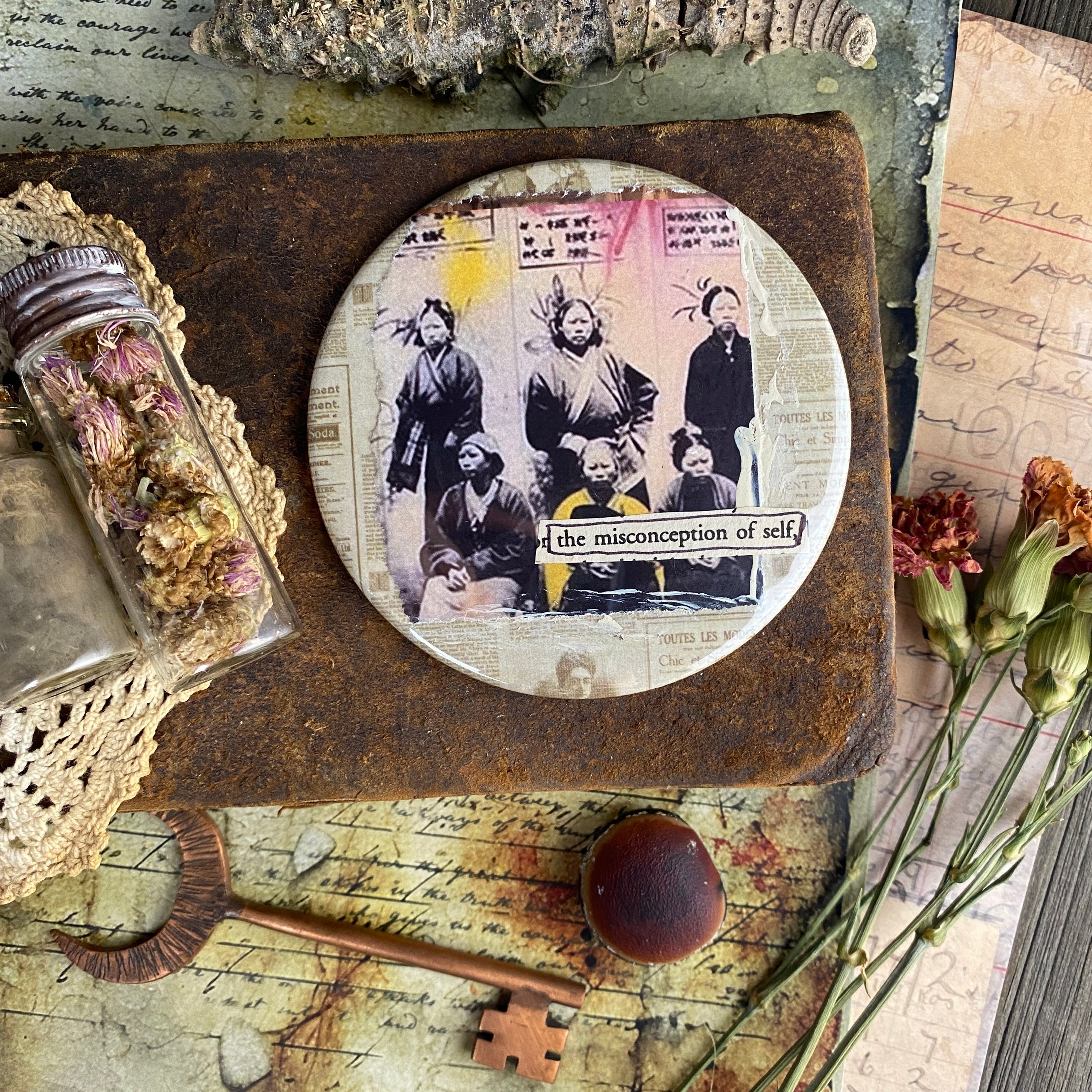 THE MISCONCEPTION OF SELF - Hand Pressed Pocket Mirror with Original Collage Art