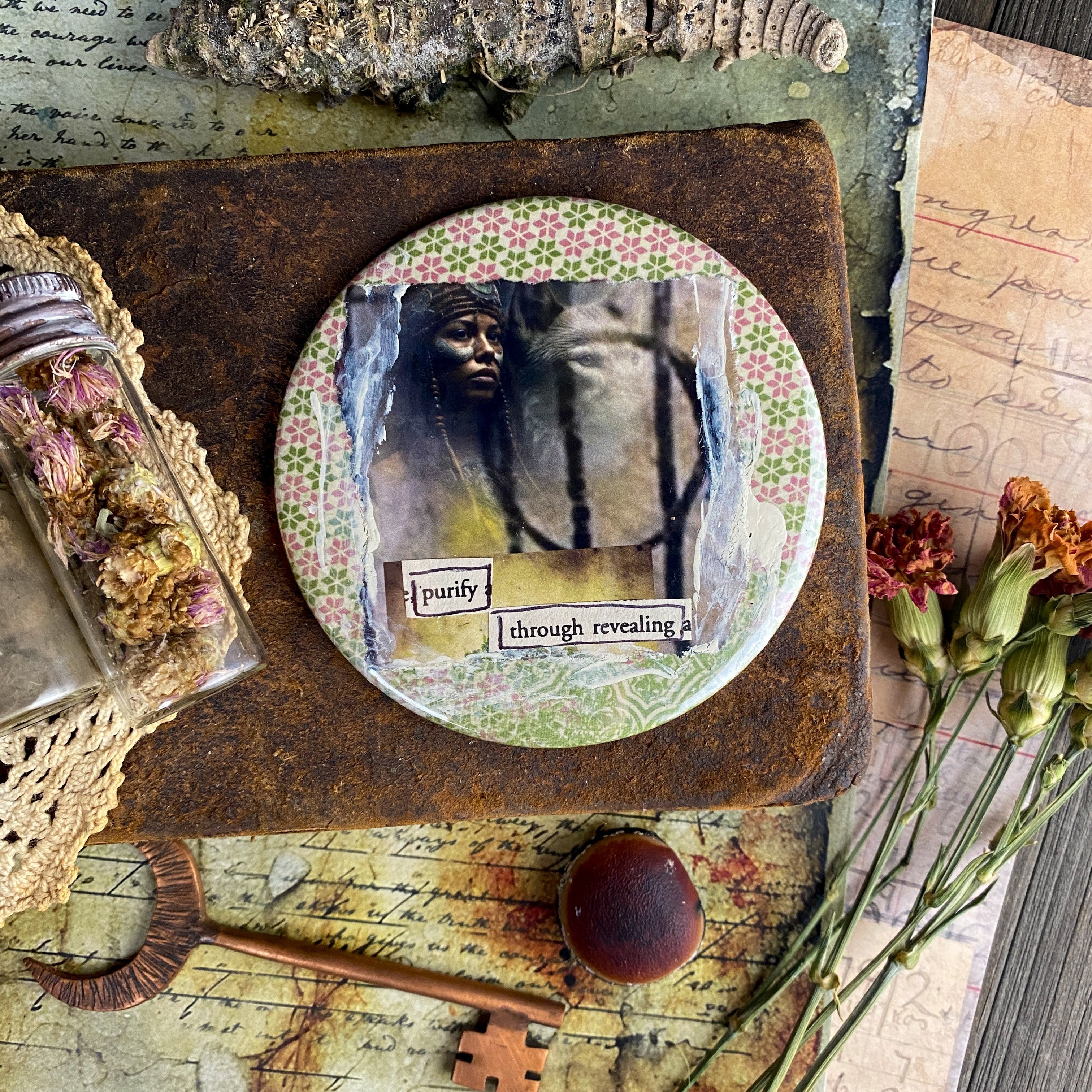 PURIFY THROUGH REVEALING - Hand Pressed Pocket Mirror with Original Collage Art