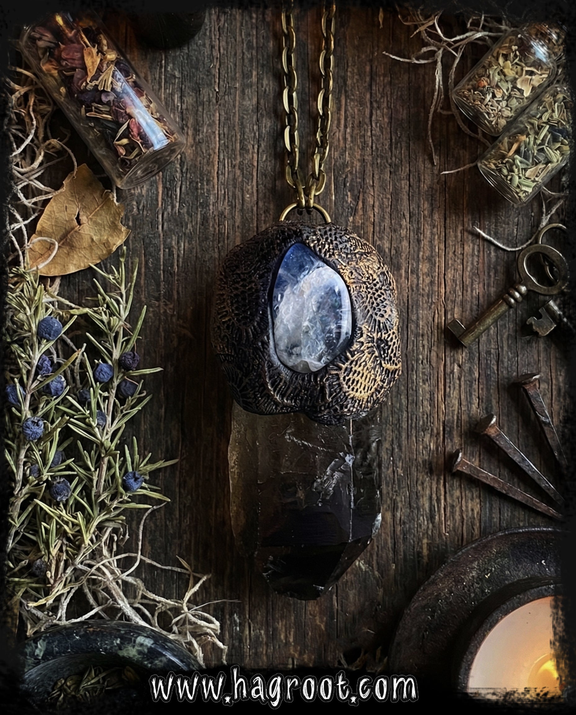 Handcrafted Clay Talisman Necklace with Smoky Quartz + Rainbow Moonstone