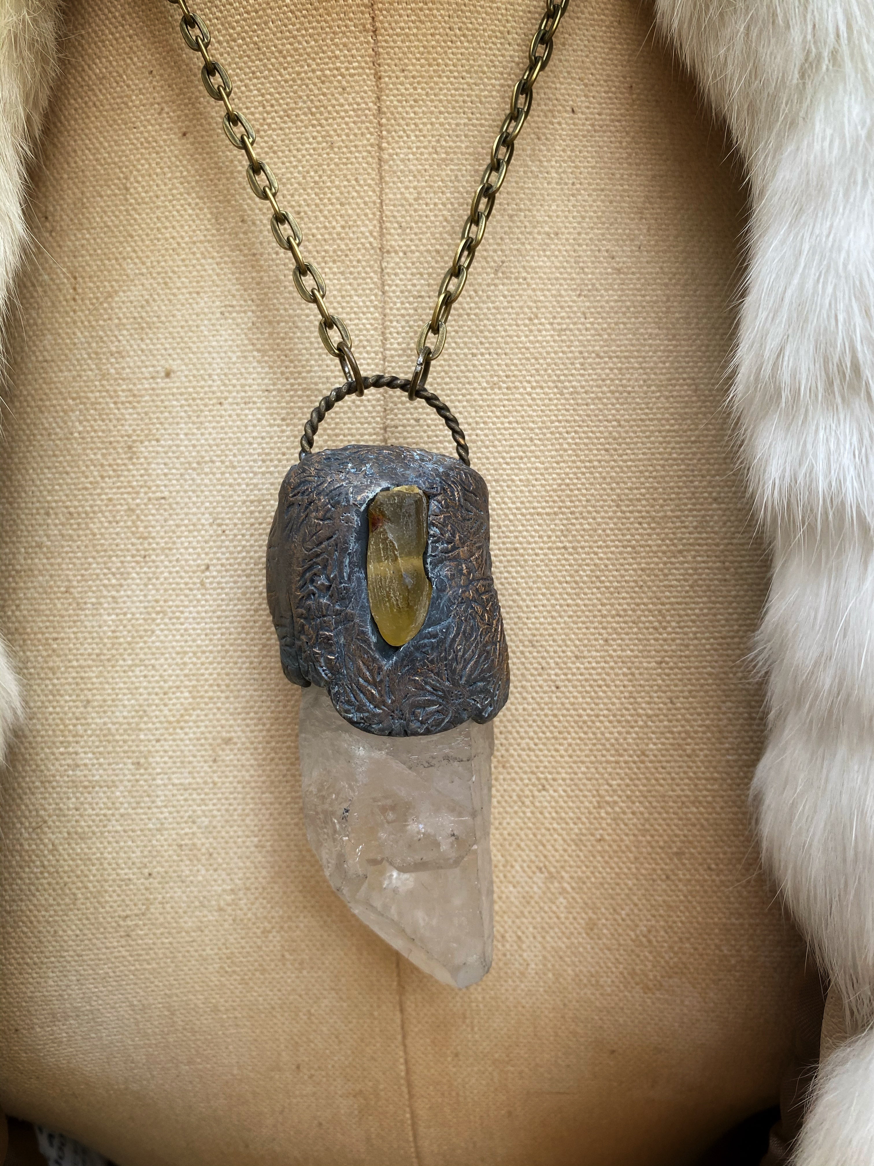 Huge Quartz Crystal + Amber Necklace