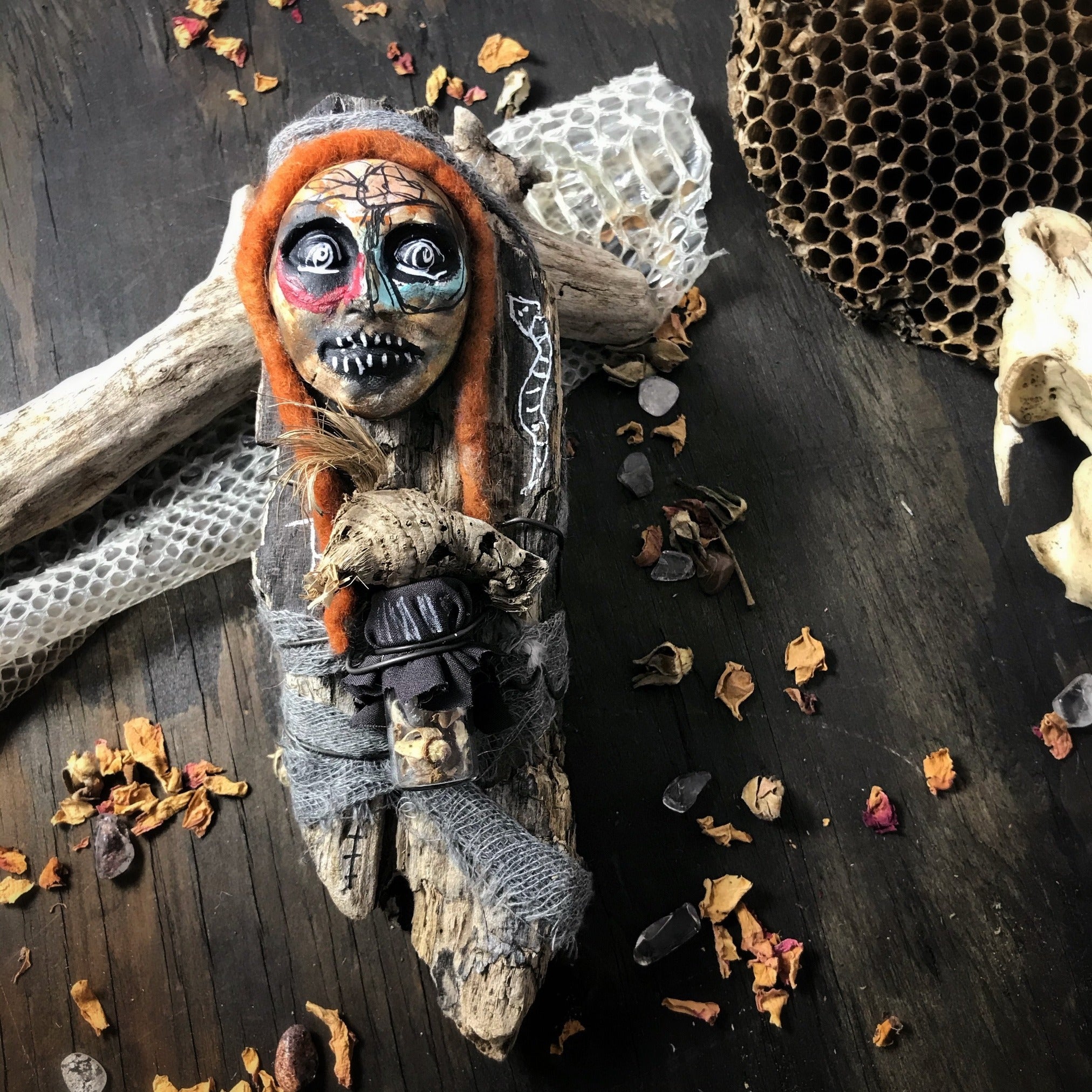 Rootworker Spirit Doll with Rose Petals, Poke Root, Snake Skin and Ghost Quartz for Self Love, Transformation and Freedom