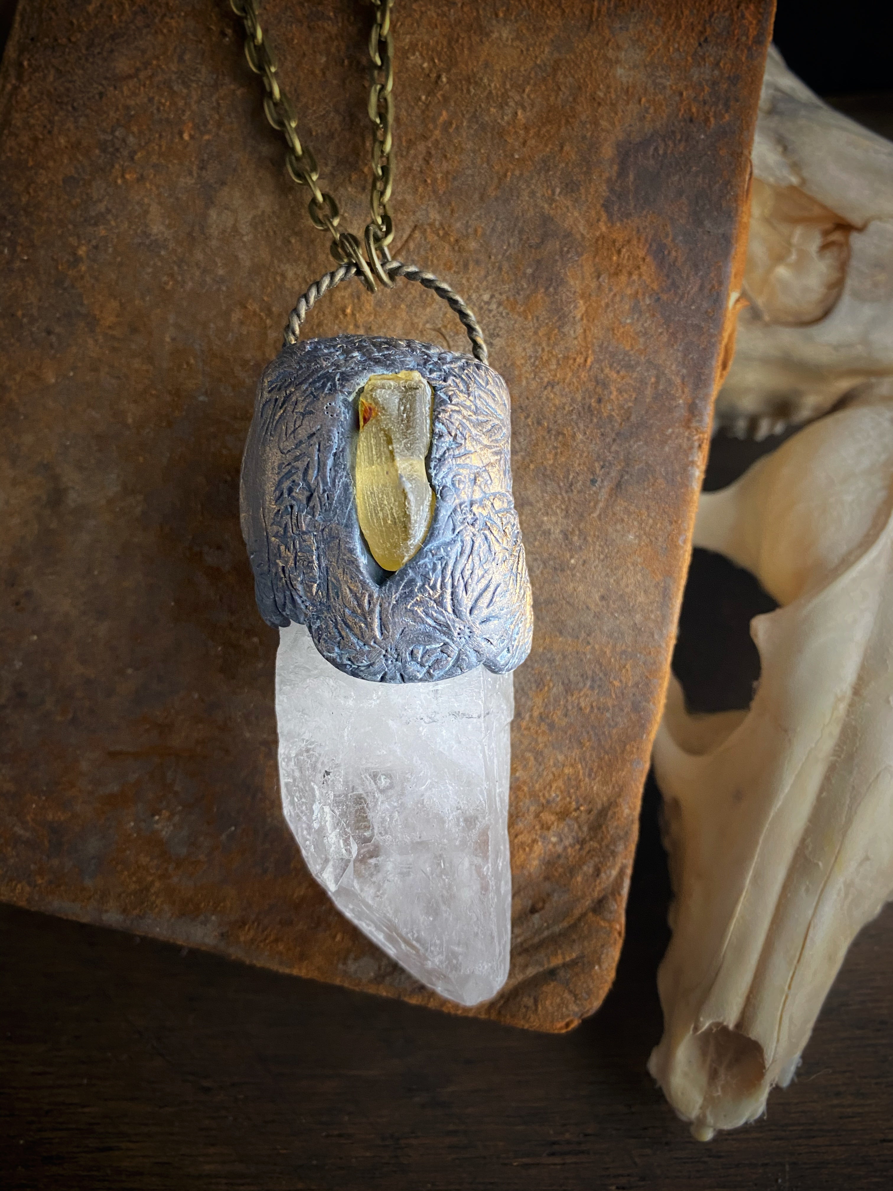 Huge Quartz Crystal + Amber Necklace