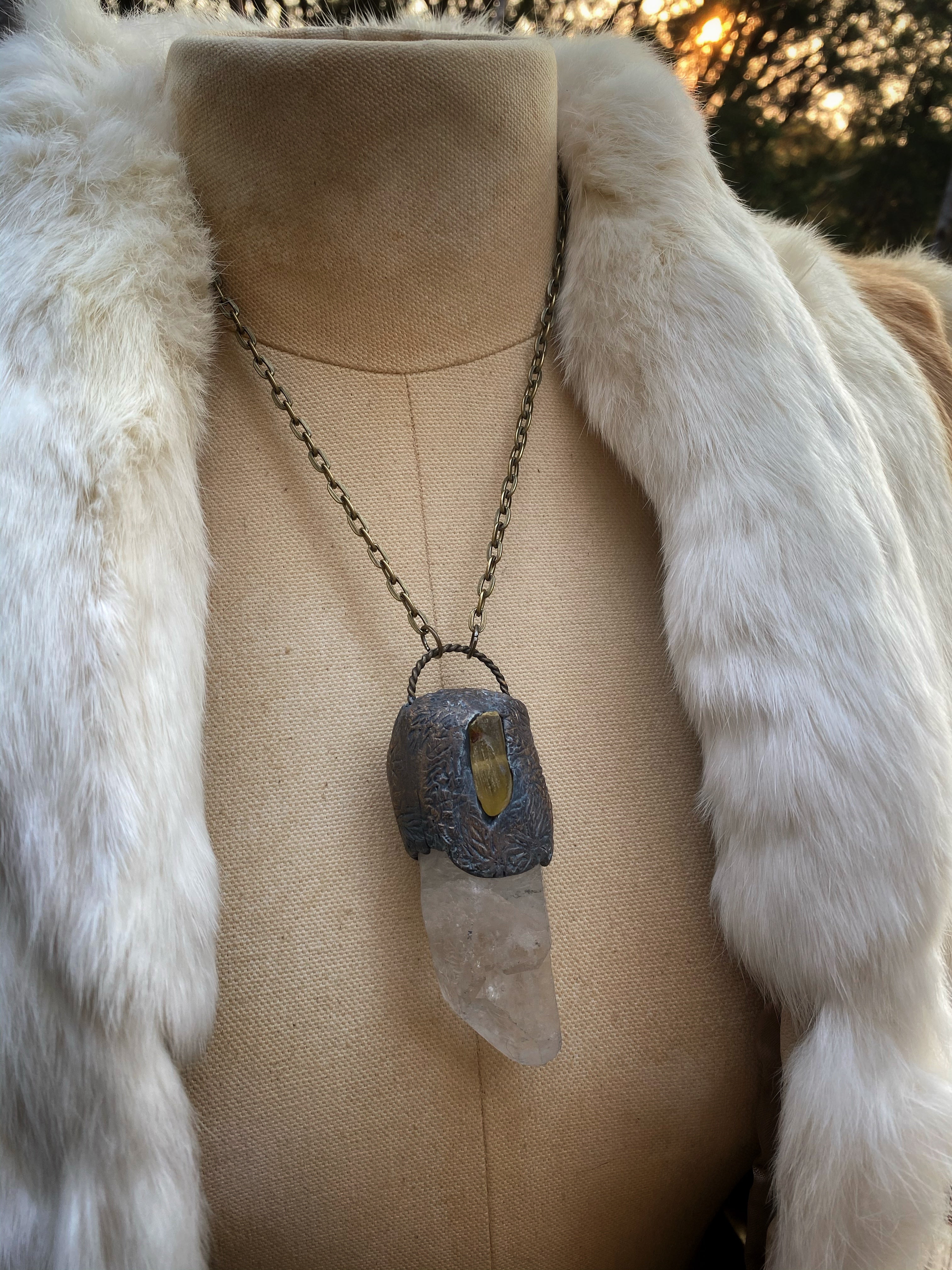 Huge Quartz Crystal + Amber Necklace