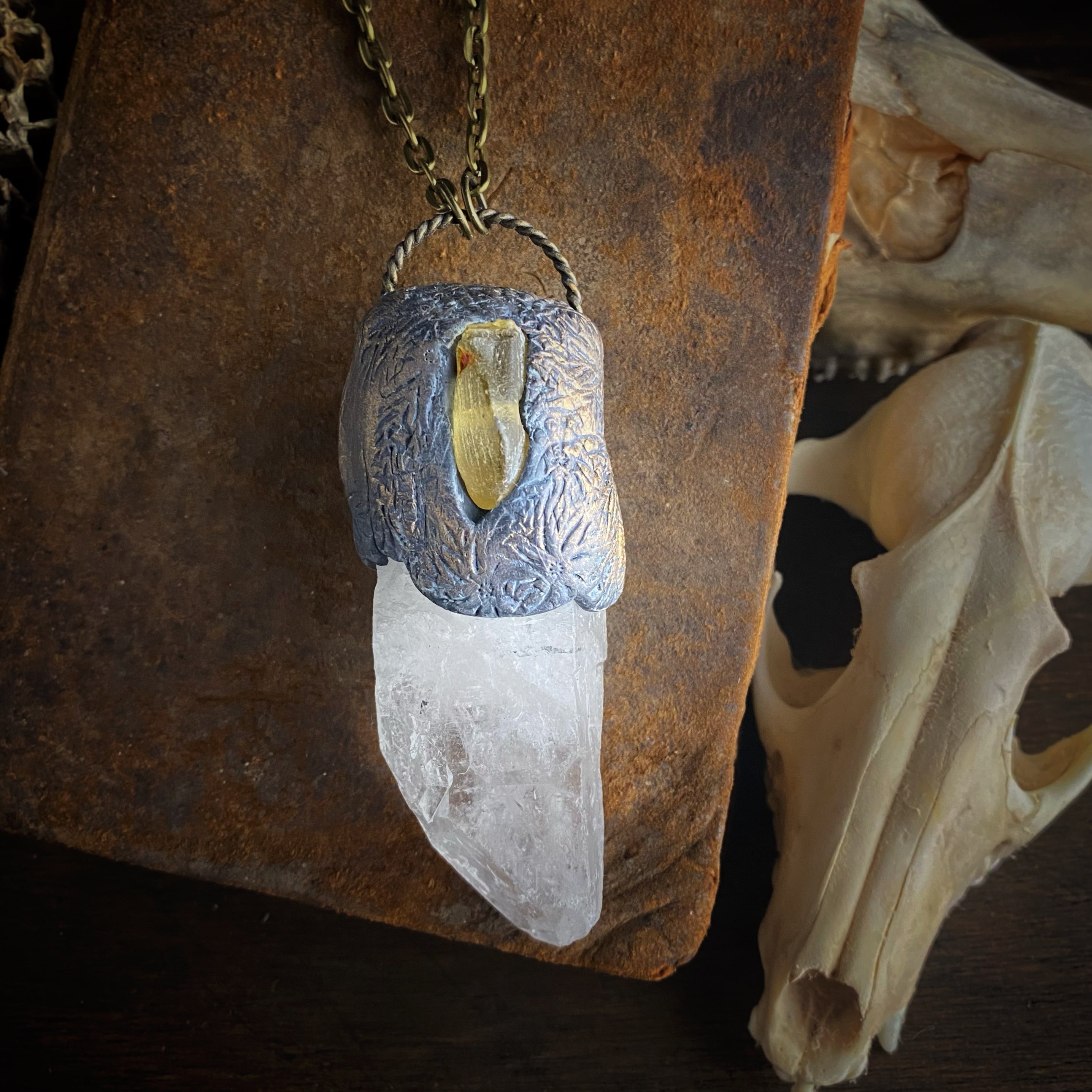 Huge Quartz Crystal + Amber Necklace