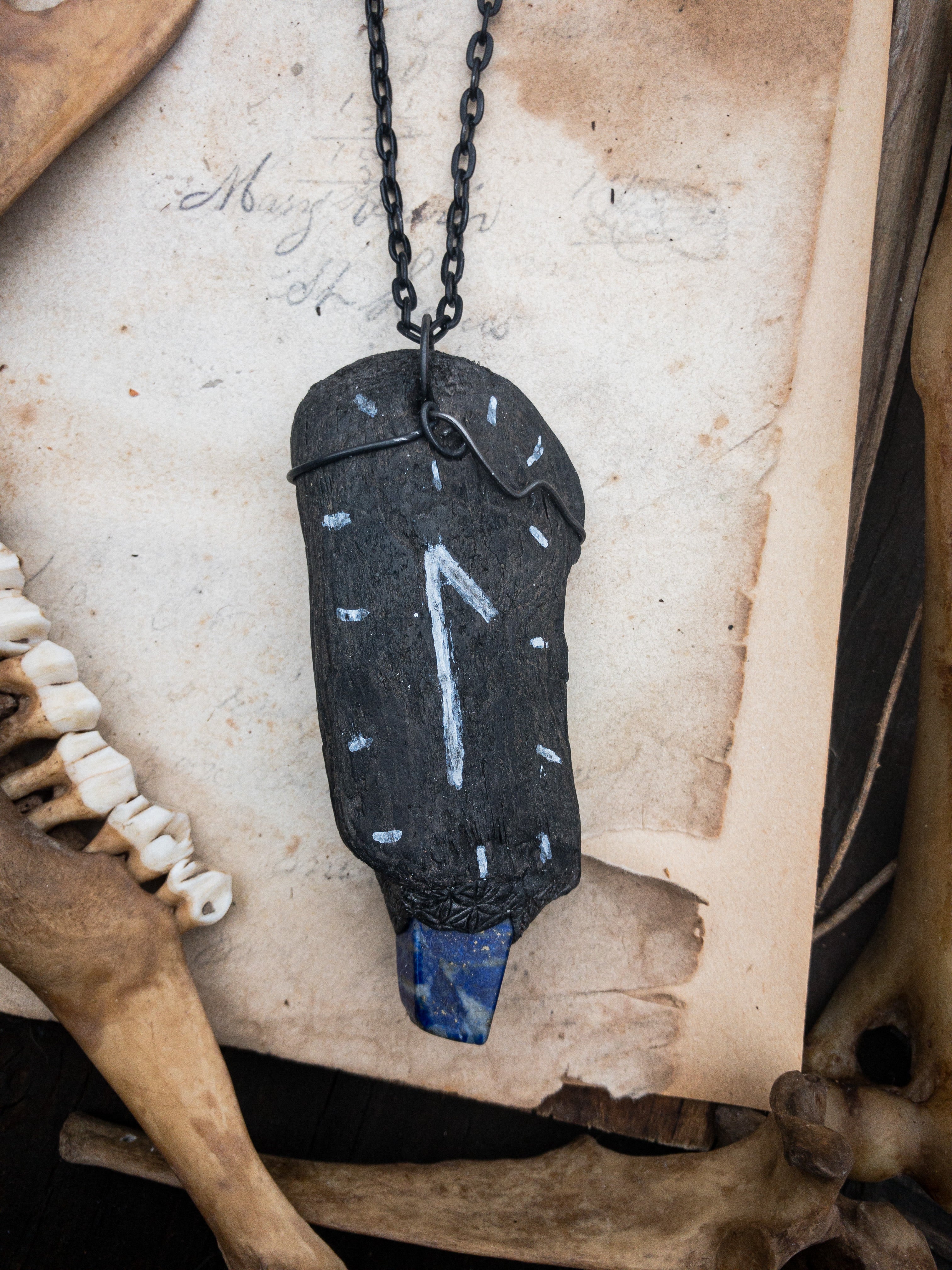 Driftwood Necklace with Lapis Lazuli, Laguz Rune + the Flower of Life