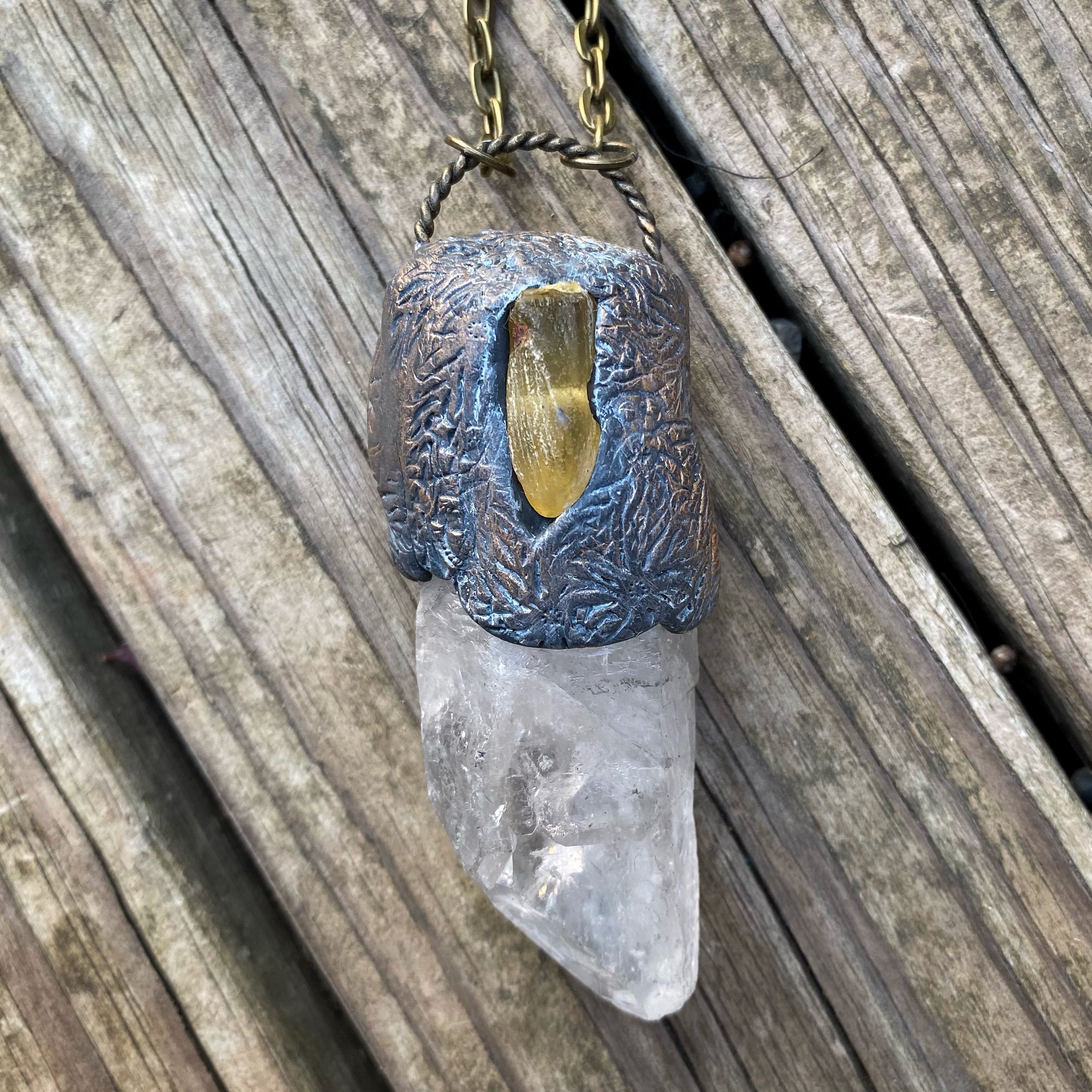 Huge Quartz Crystal + Amber Necklace