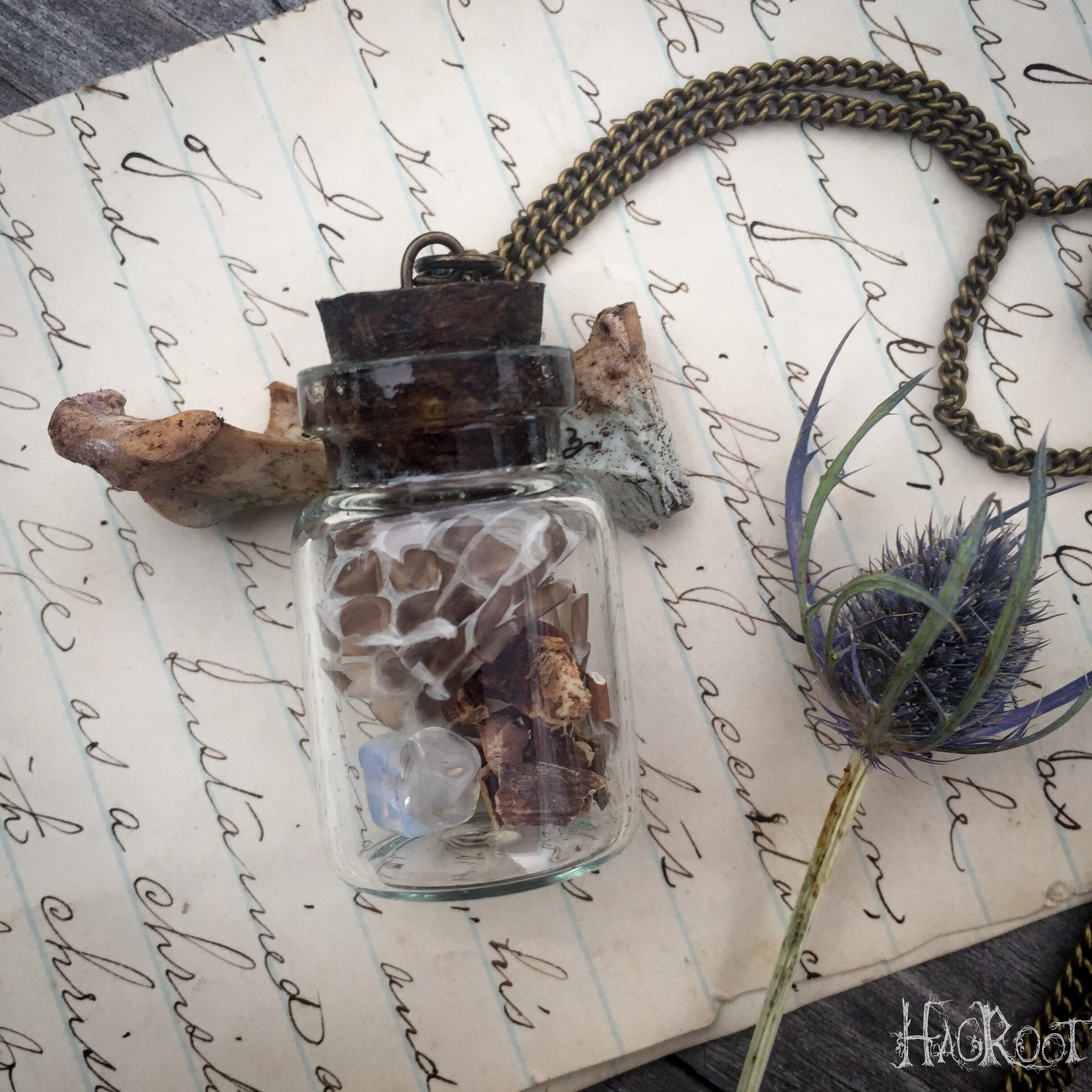 MYSTIC MOON- Natural Handmade Necklace- Mandrake Root, Snake Skin and Moonstone