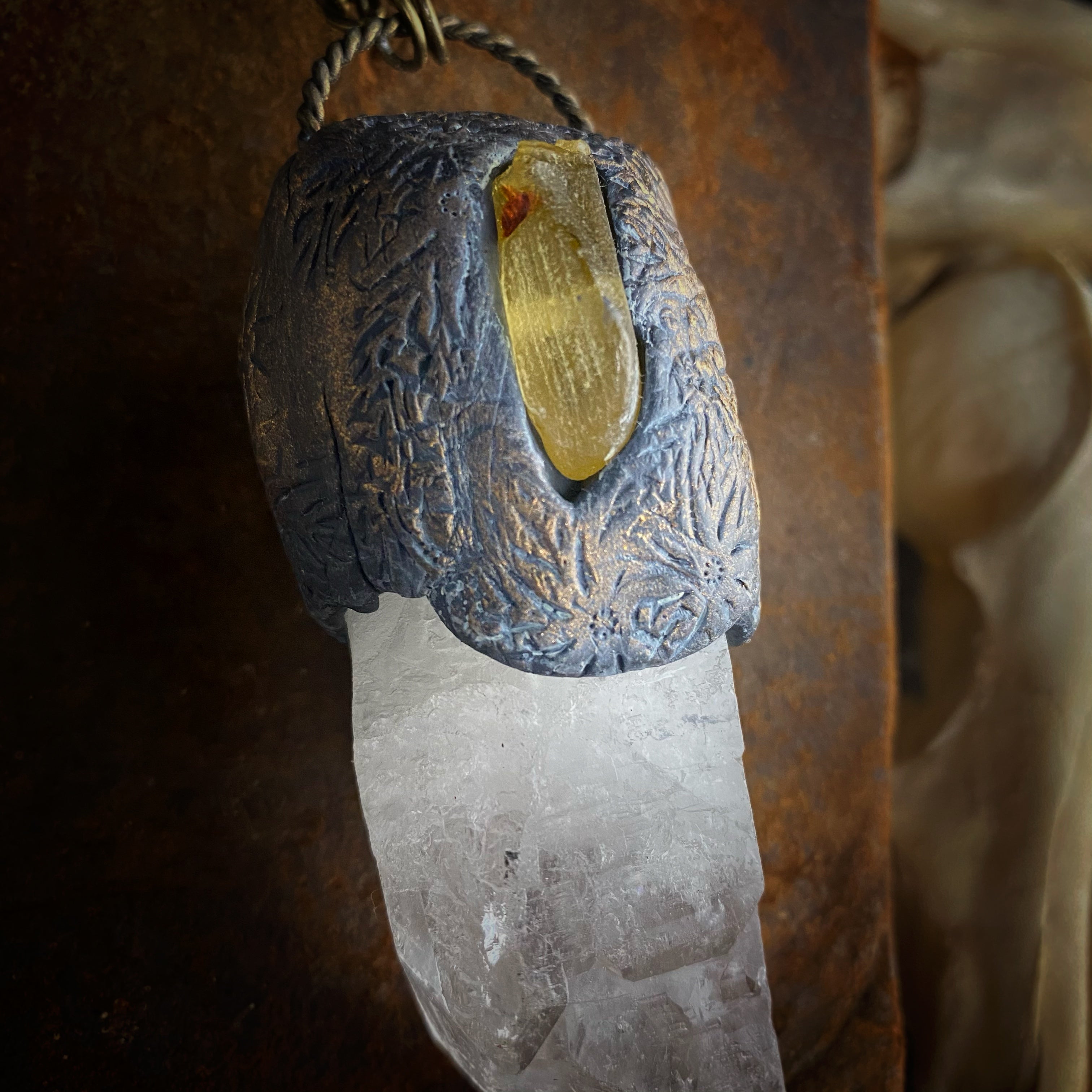 Huge Quartz Crystal + Amber Necklace