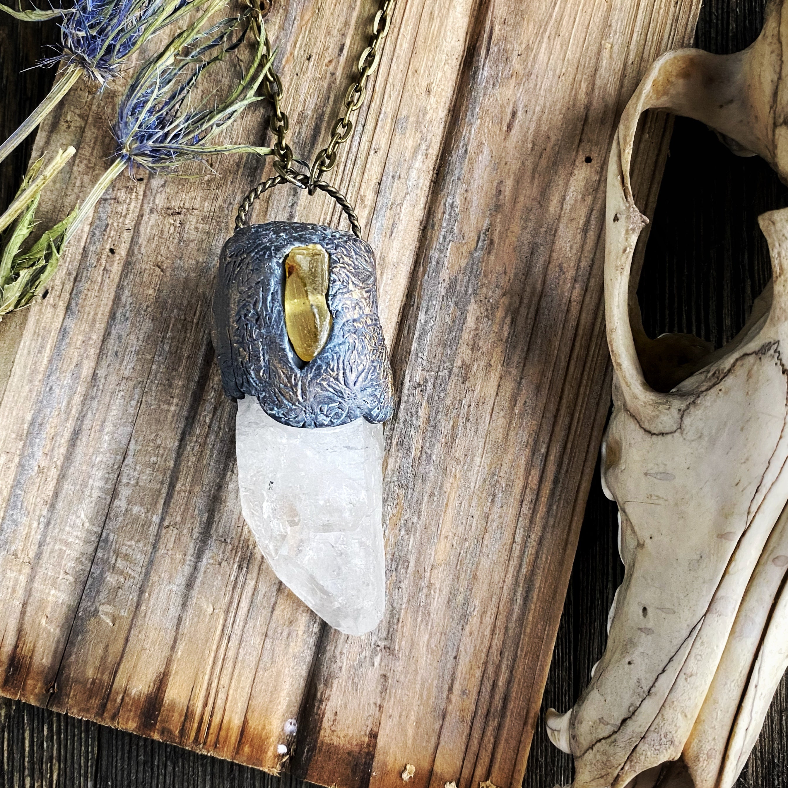 Huge Quartz Crystal + Amber Necklace