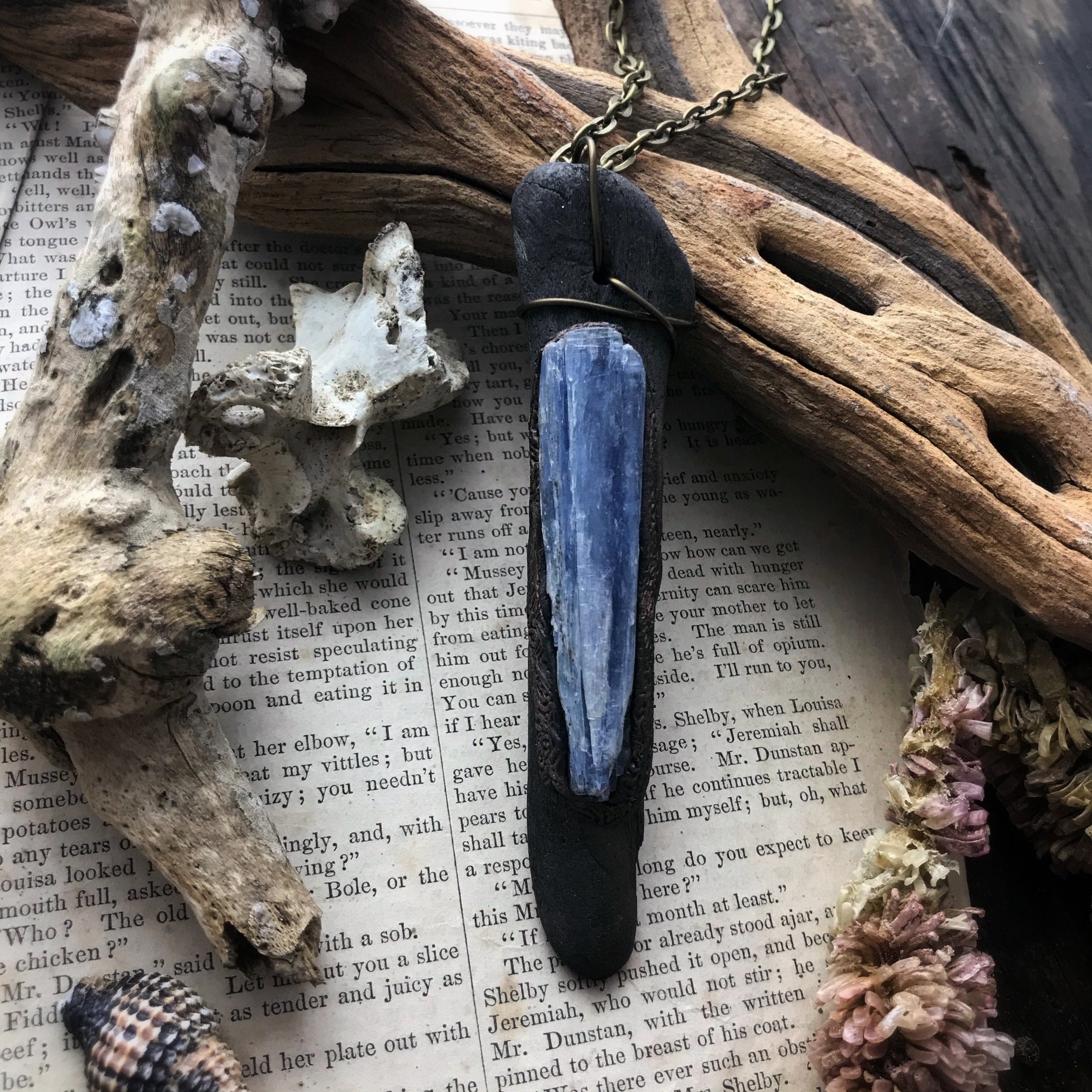 Driftwood Necklace with Blue Kyanite to Clear Fears + Blockages