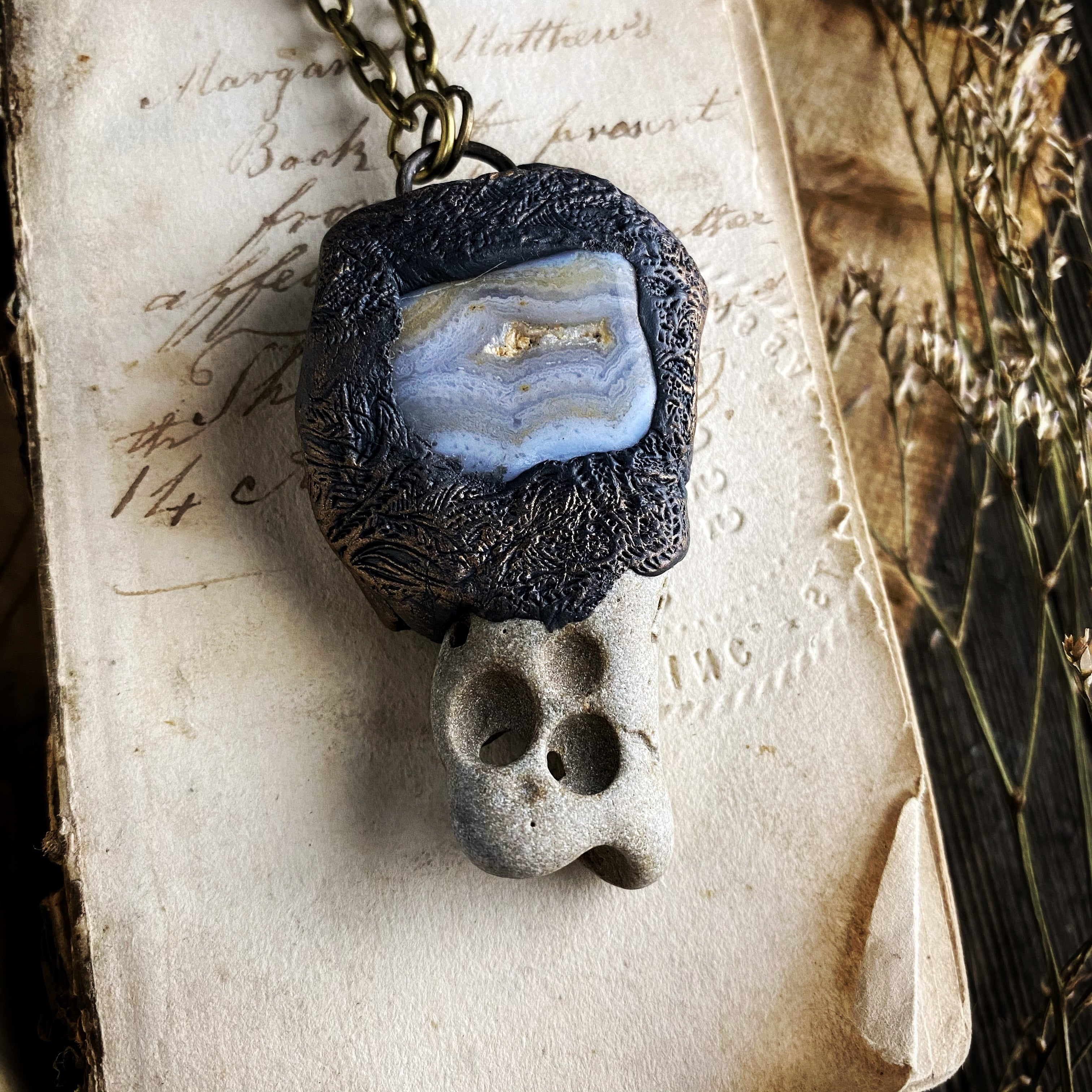 Blue Lace Agate + Hag Stone Necklace
