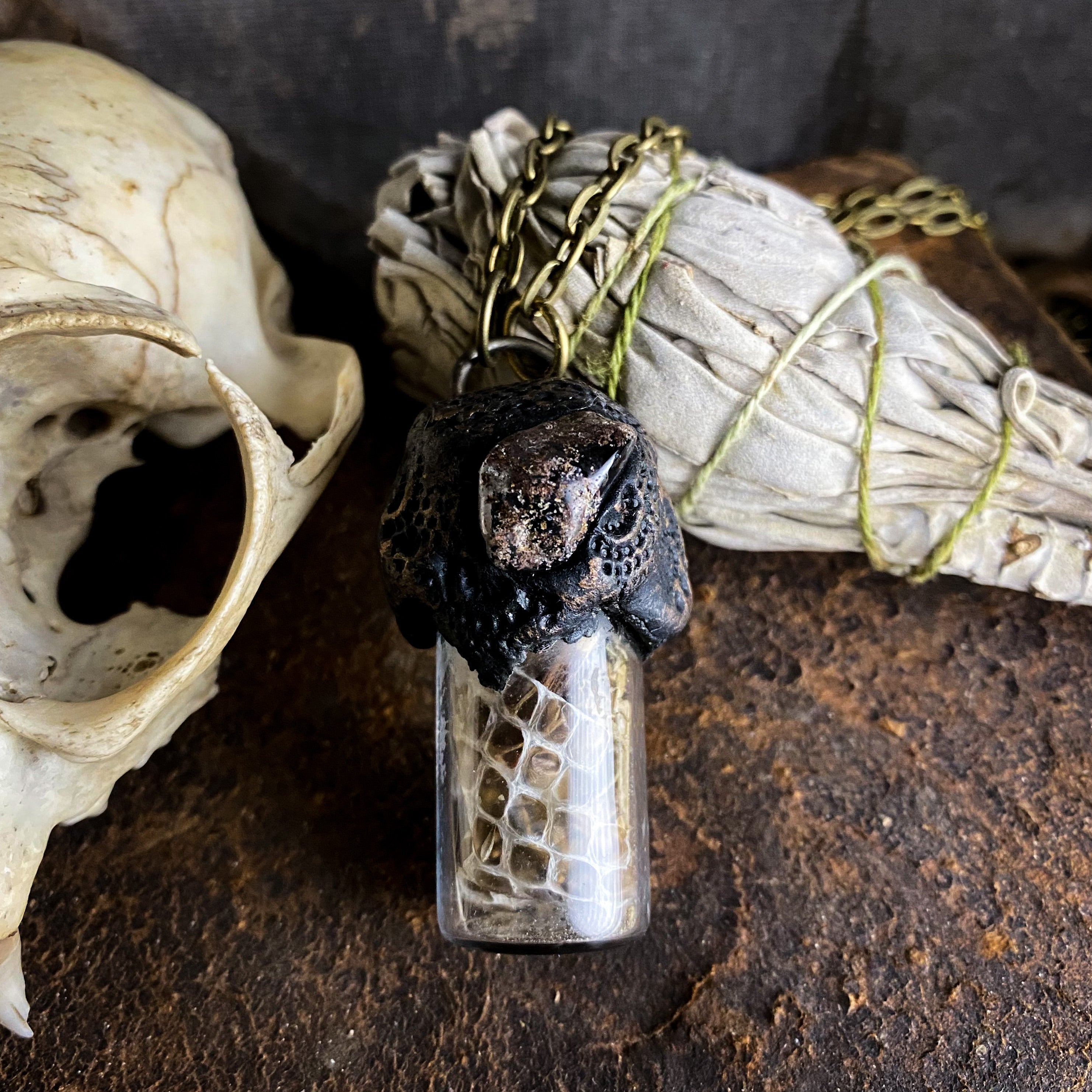 Conjure Necklace with Snake Skin, Ghost Quartz and Motherwort