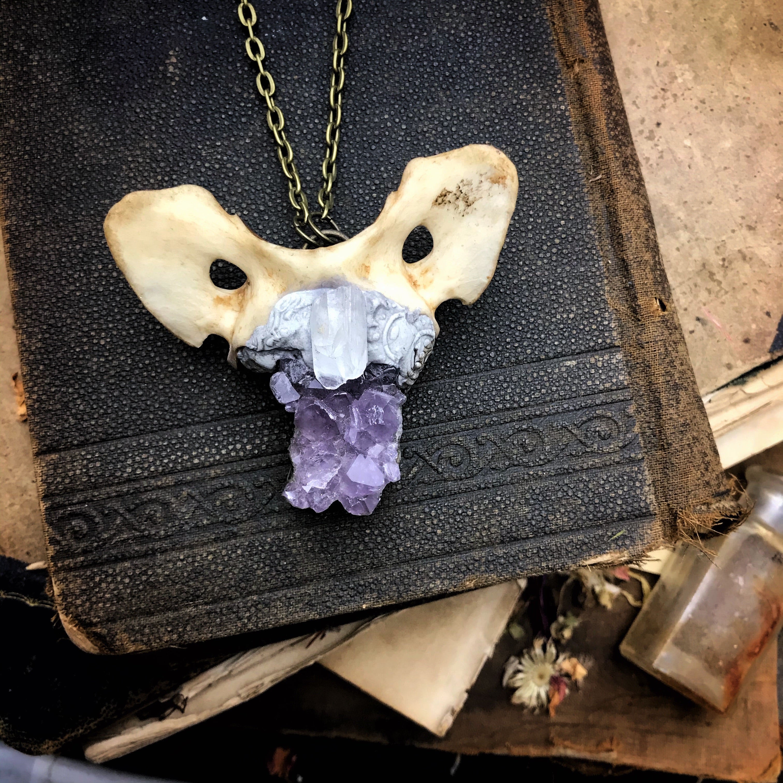 Bone Necklace with Amethyst and Quartz Crystal