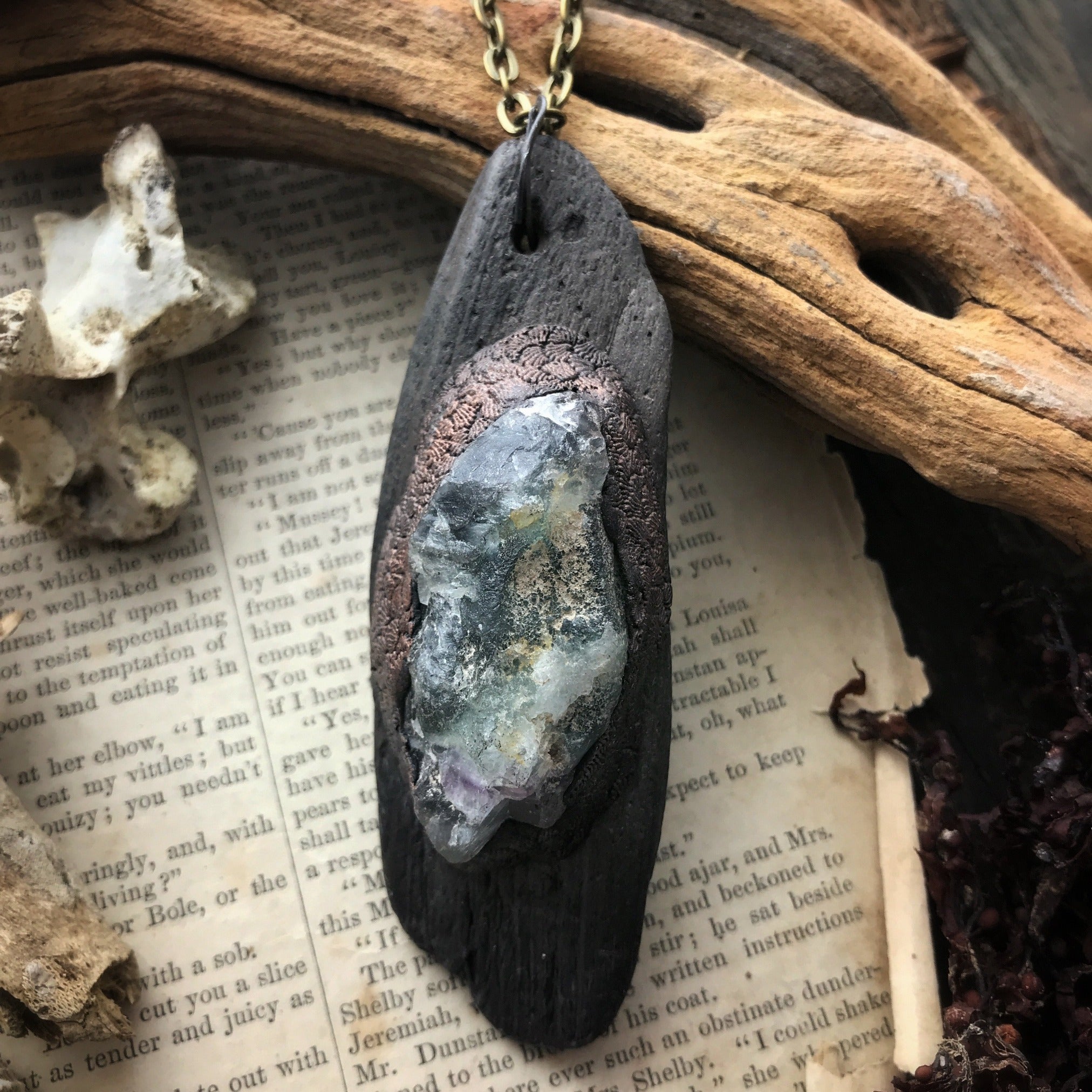 Driftwood Necklace with Fluorite for Self-Confidence + Intuition