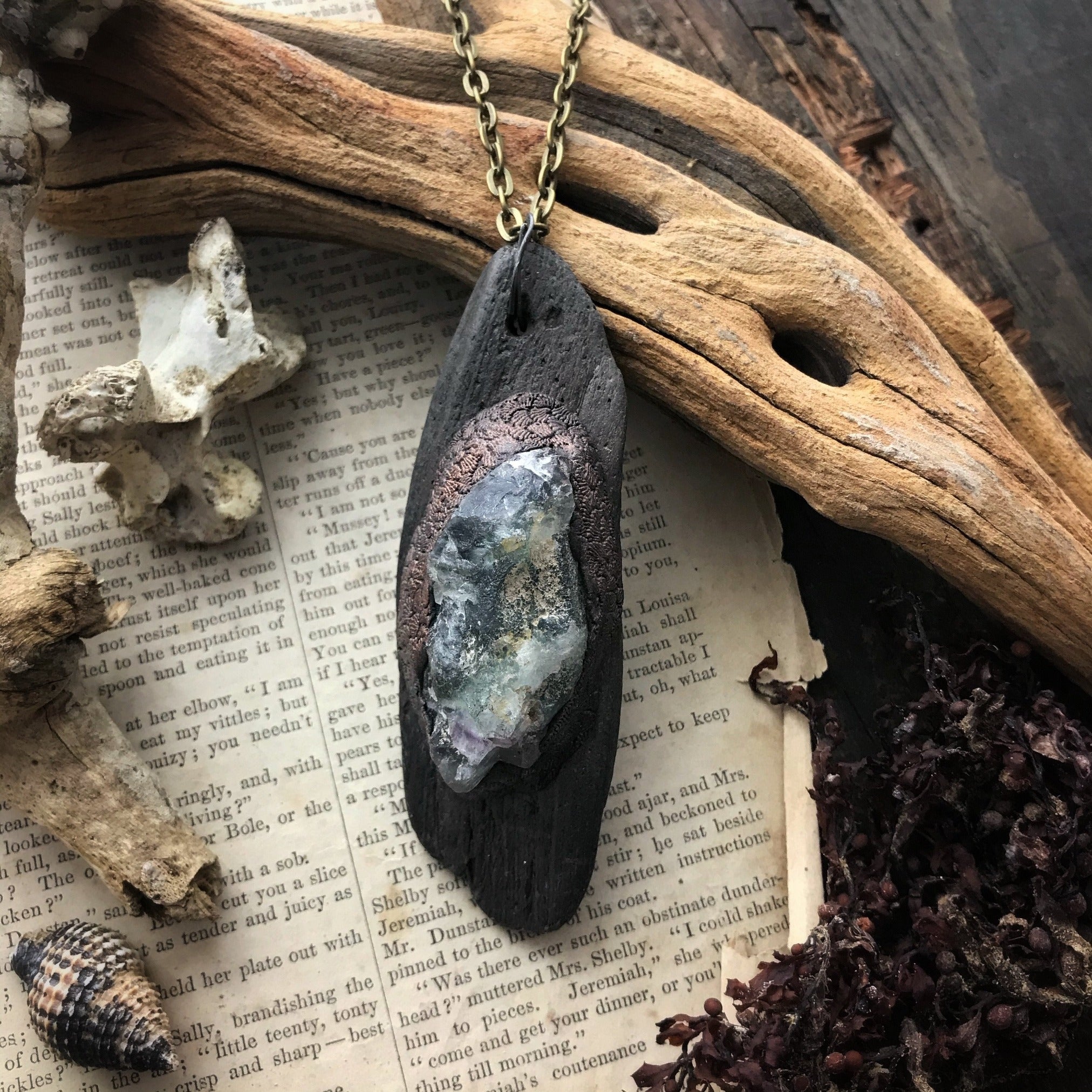 Driftwood Necklace with Fluorite for Self-Confidence + Intuition