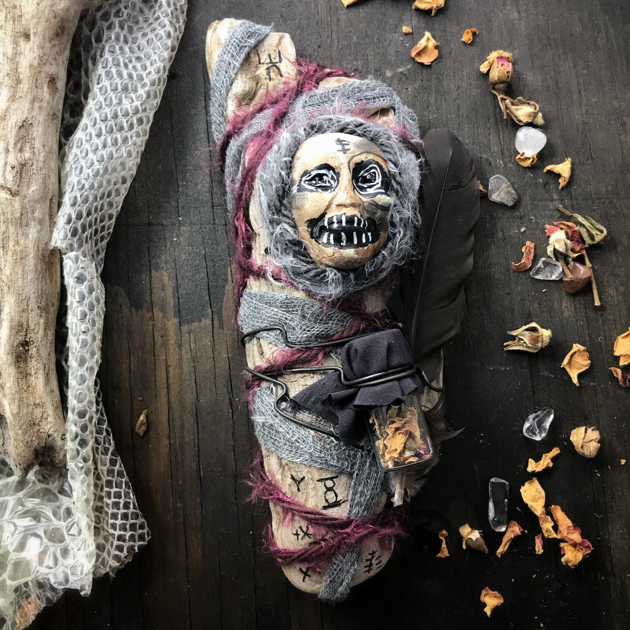 Wise Woman Spirit Doll with Rose Petals, Poke Root, Snake Skin and Ghost Quartz for Self Love, Transformation and Freedom