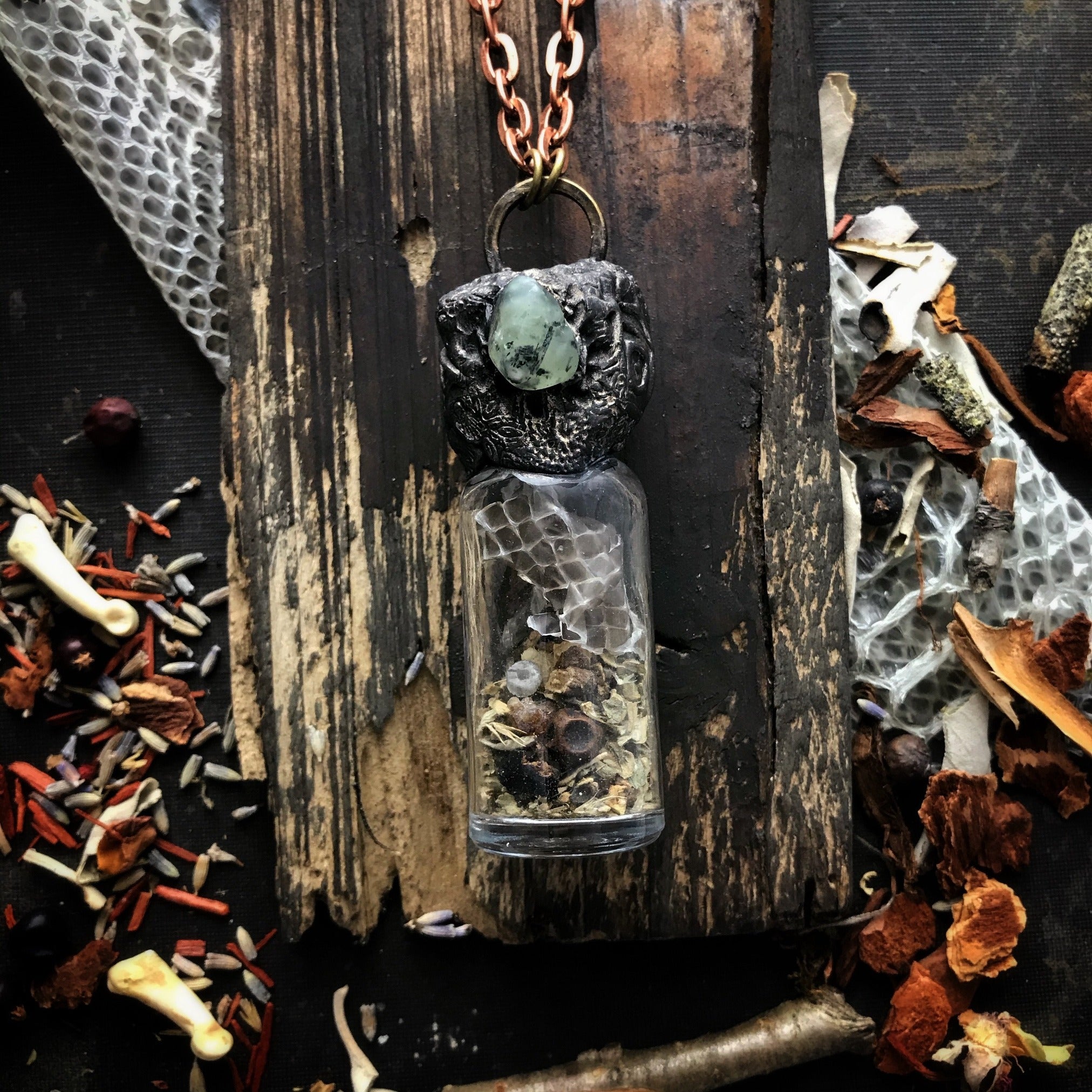 Conjure Necklace for Growth, Change and New Beginnings- With Bones, Snake Skin, Stones + Herbs