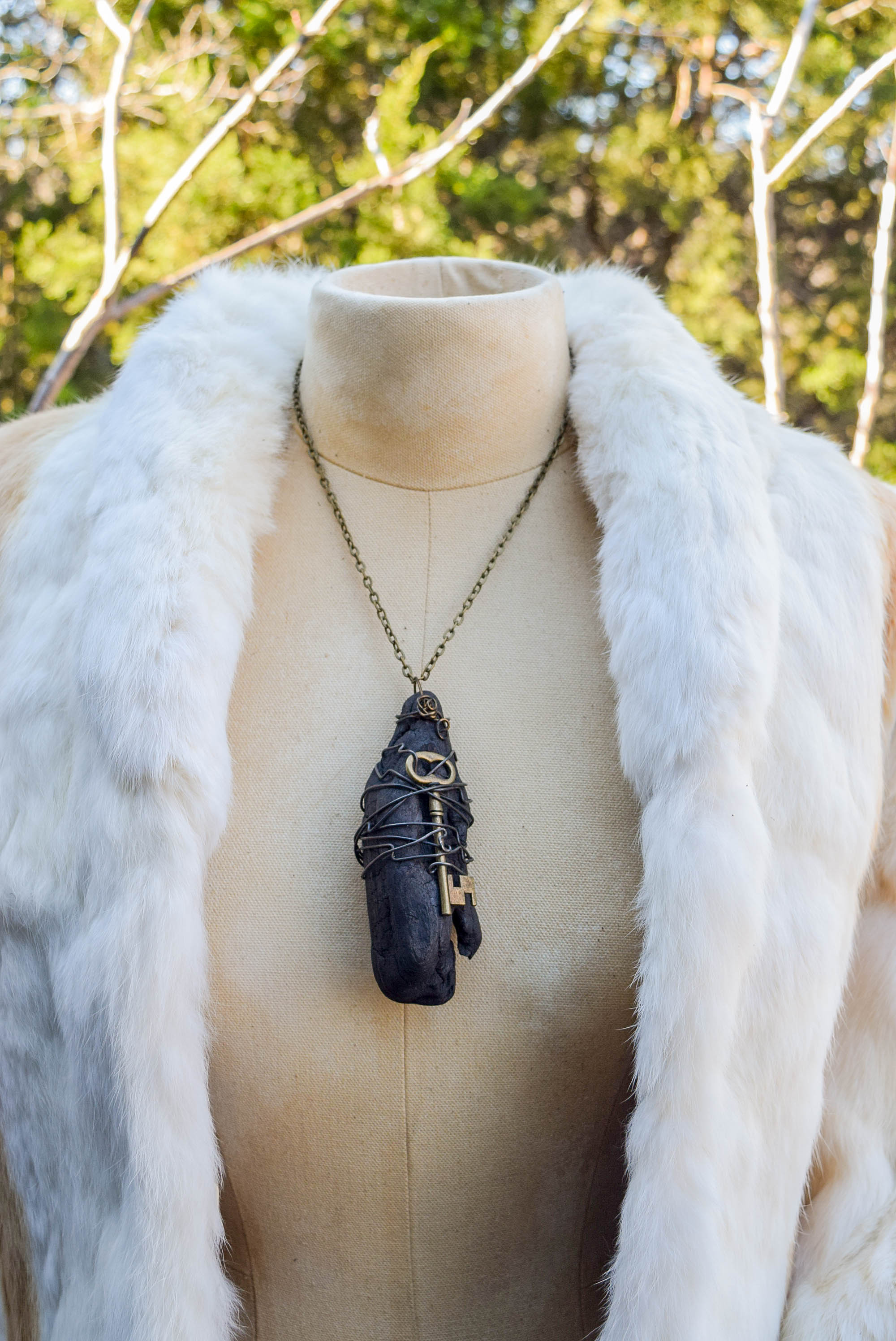 Driftwood Necklace with an Antique Style Key for Freedom and Hidden Knowledge