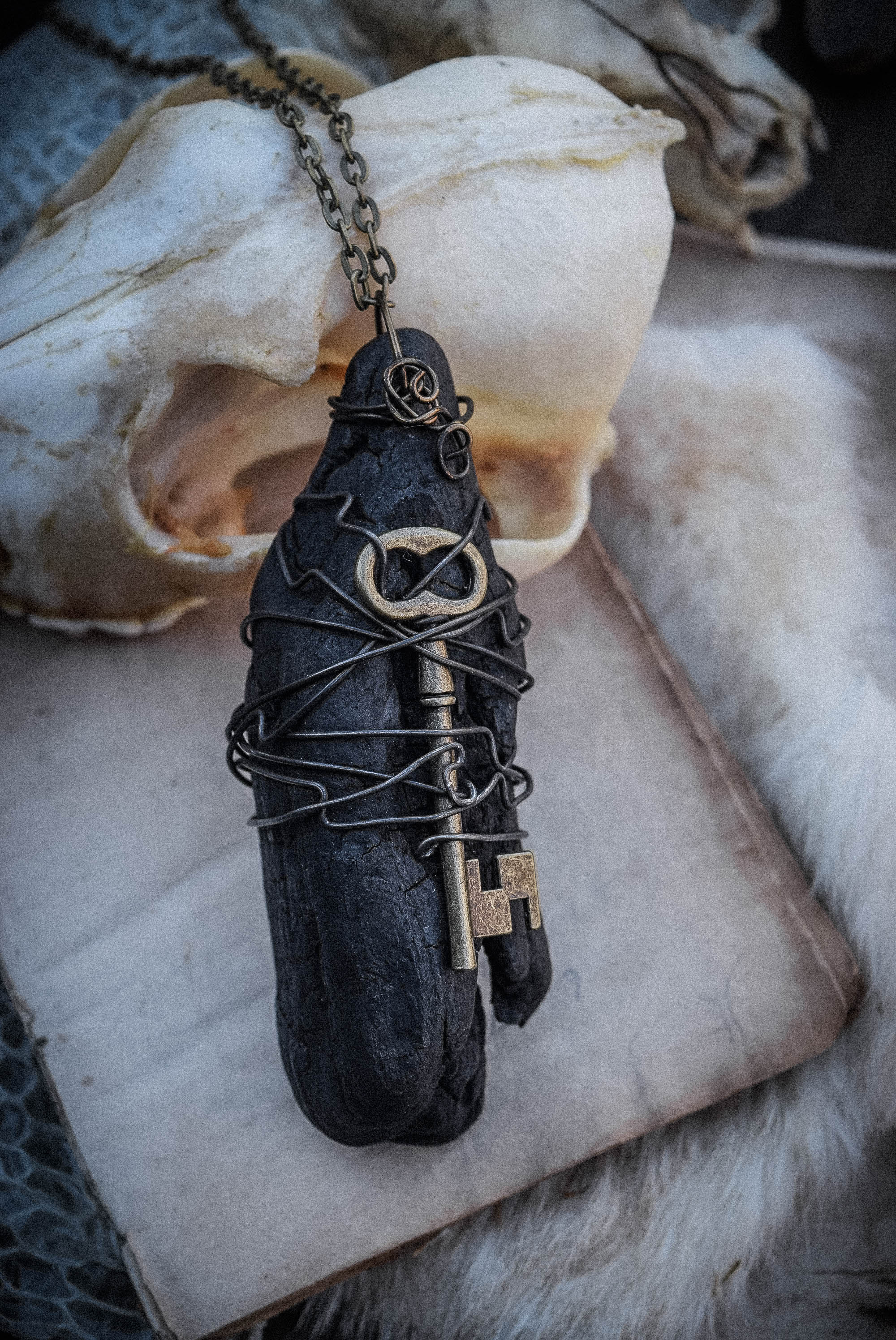 Driftwood Necklace with an Antique Style Key for Freedom and Hidden Knowledge