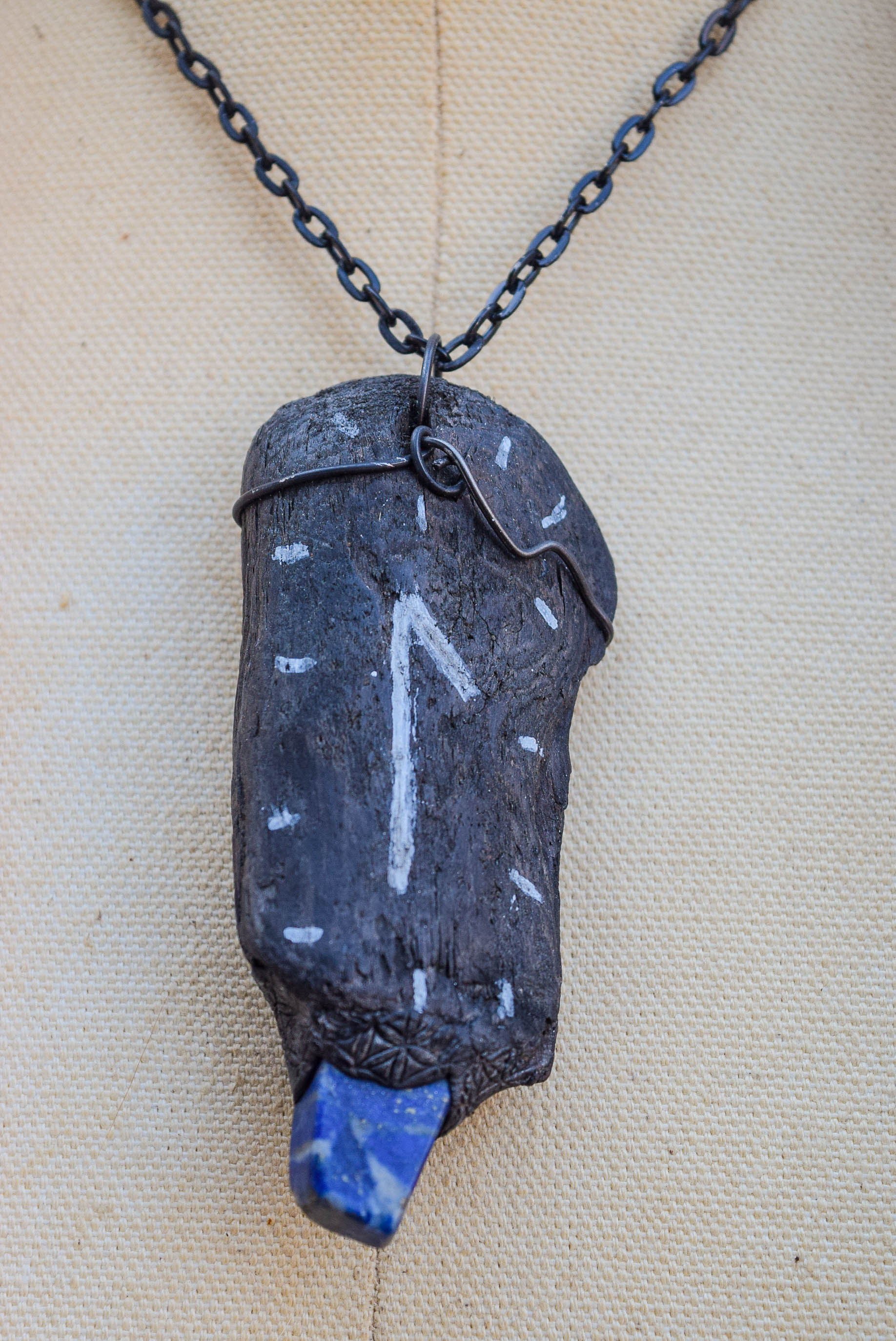 Driftwood Necklace with Lapis Lazuli, Laguz Rune + the Flower of Life