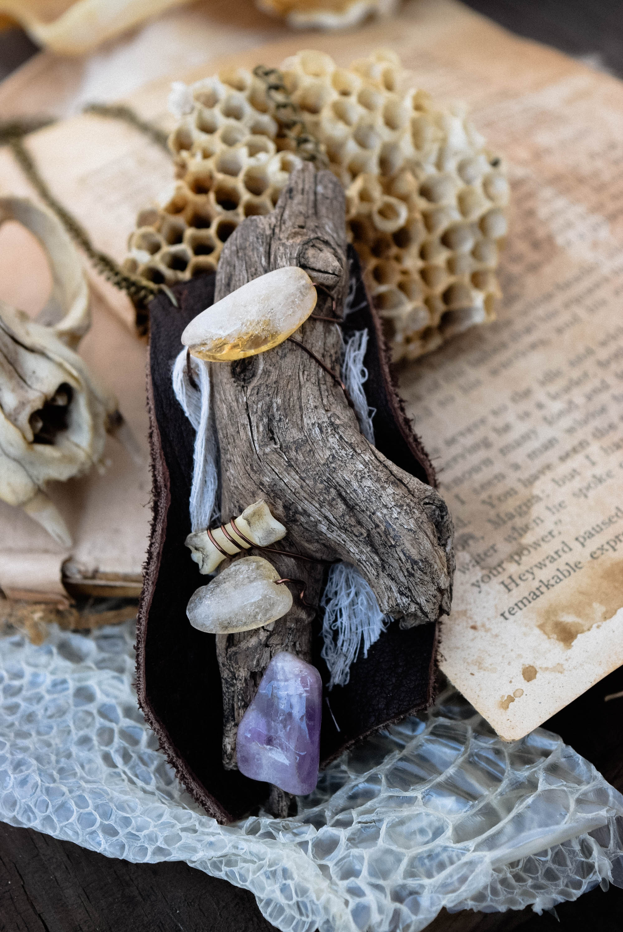 Wild One Necklace with Citrine, Amethyst and Bone for Spiritual Awareness, Creativity and Self Expression