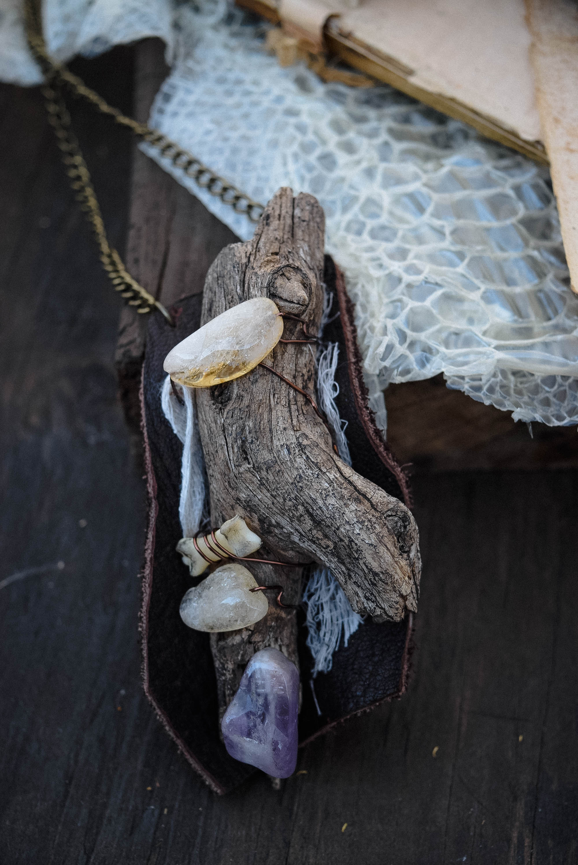 Wild One Necklace with Citrine, Amethyst and Bone for Spiritual Awareness, Creativity and Self Expression