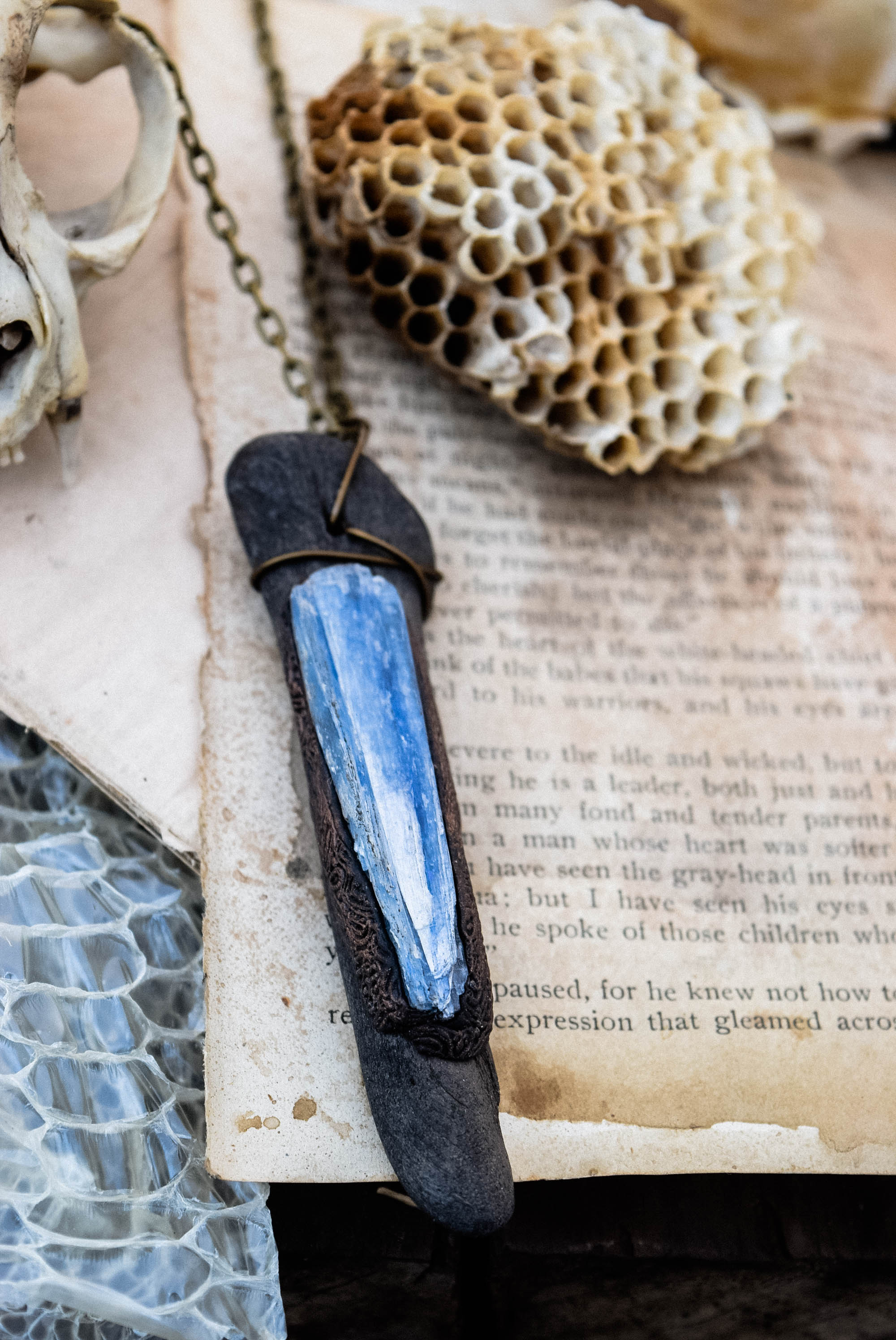 Driftwood Necklace with Blue Kyanite to Clear Fears and Blockages