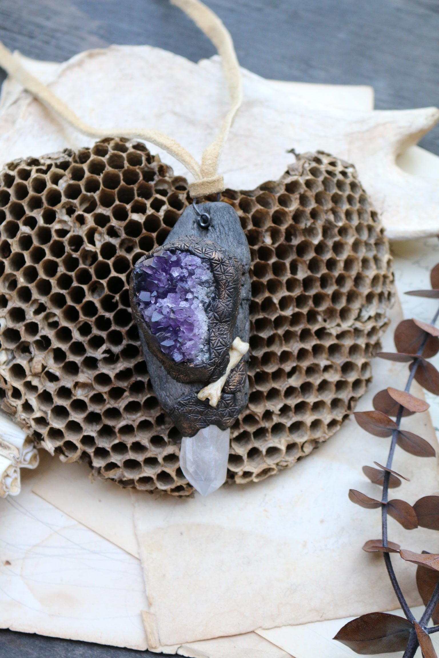 Driftwood Necklace with Amethyst, Bone, Quartz Crystal + the Flower of Life