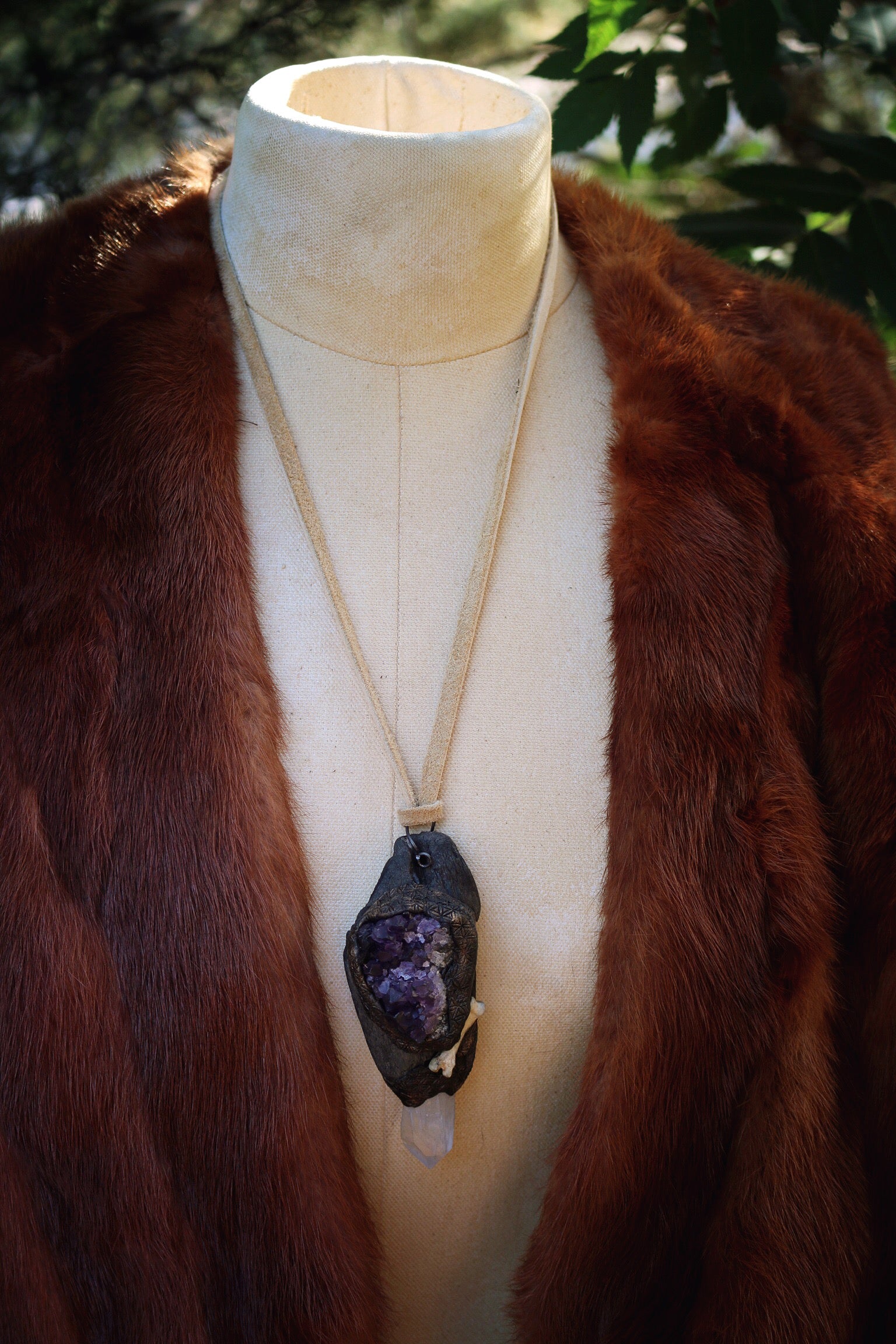 Driftwood Necklace with Amethyst, Bone, Quartz Crystal + the Flower of Life
